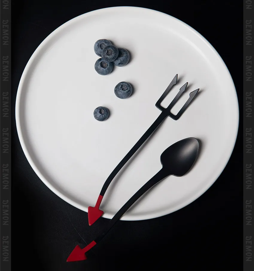 Halloween Devil Series Cutlery Set Stainless Steel Dessert Fork and Spoon  Black Handle Heavy Duty Black Fork Ice Spoon