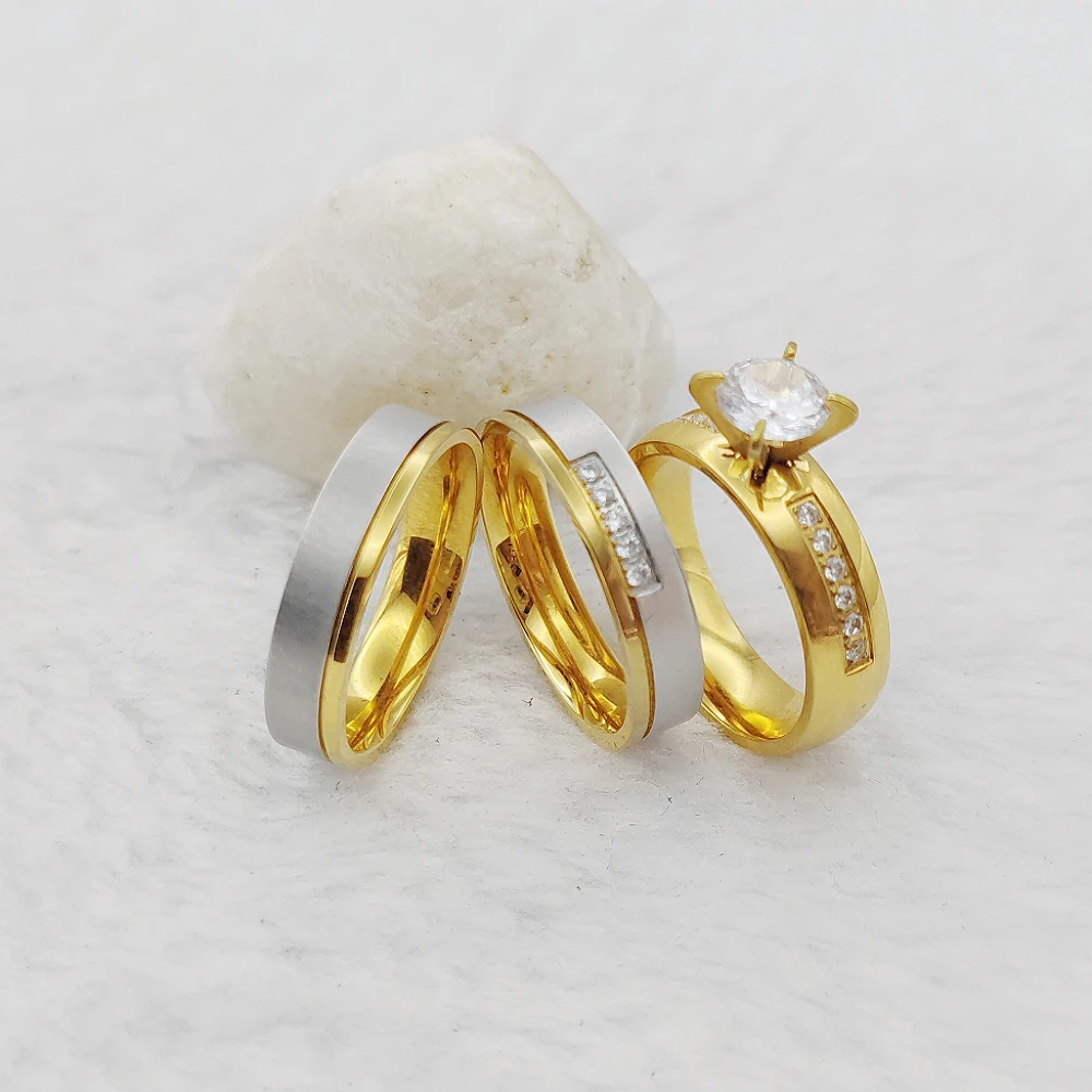 Designer Jewelry For Brides 3pcs Bridal Set Golden Titanium Ring Wedding Couples Engagement Rings For Men and Women