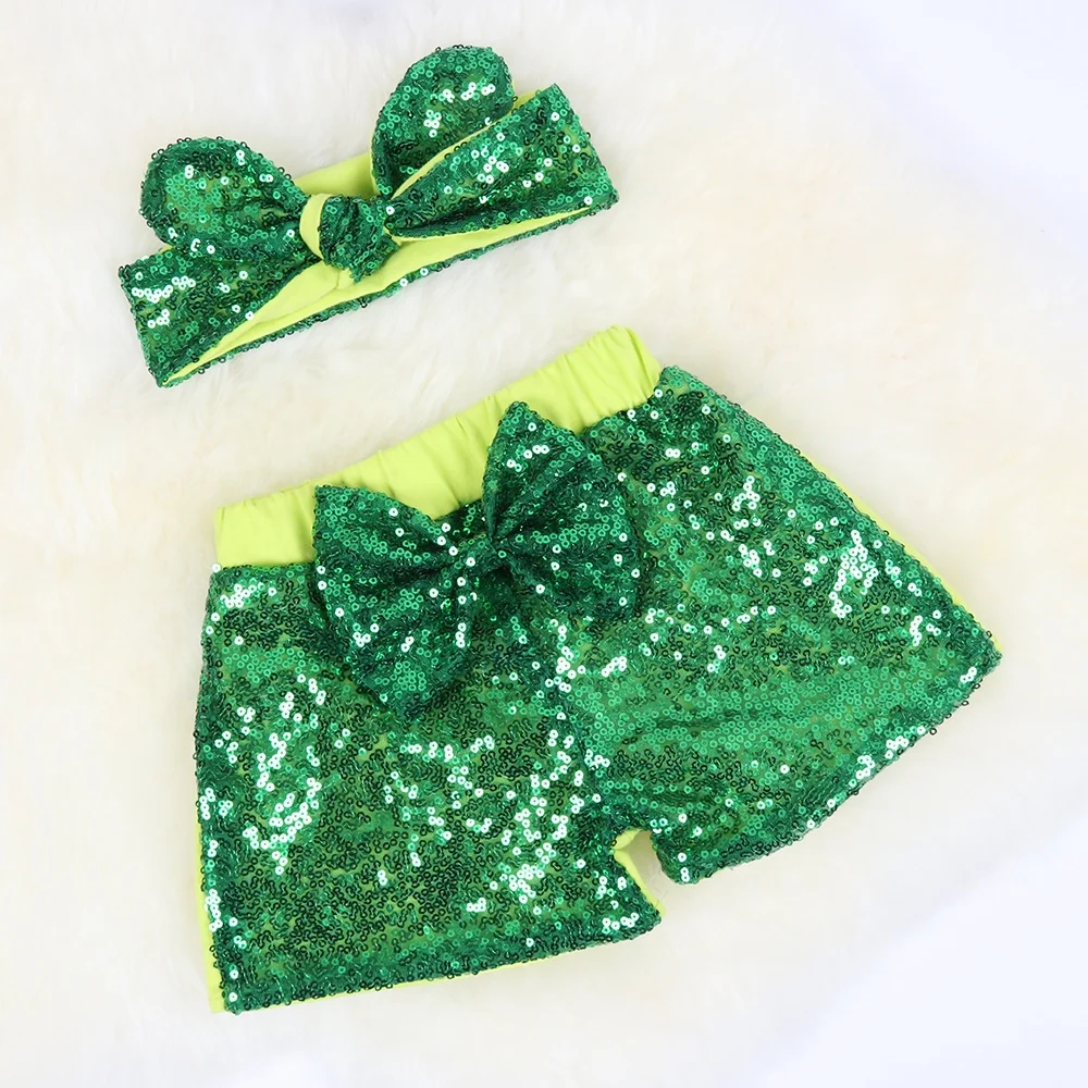 Rainbow Baby Girls Sequin Shorts Summer Toddlers Birthday Short Pants Glitter On Both Side With a Rabbit Headband Casual Outfits