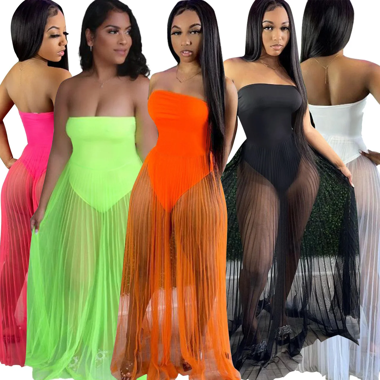 Roupas Femininas Women Clothes Strapless Bodycon Bodysuit Mesh Spliced Sexy Solid Color Women Maxi Long Summer Dresses