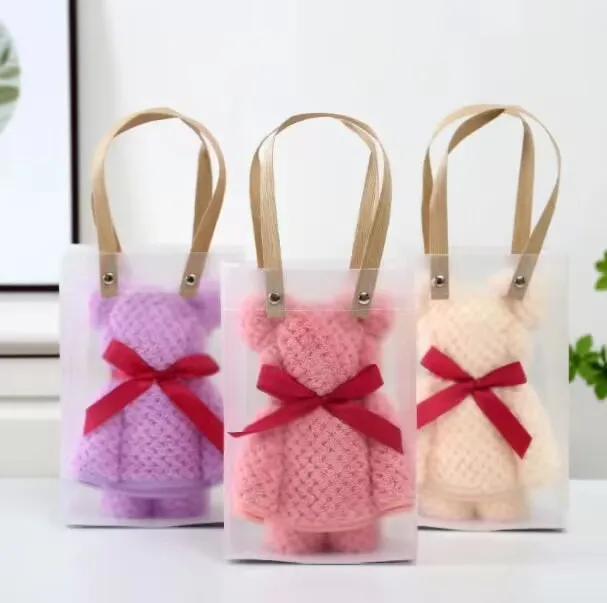 Cheap Logo Label  Luxury Super Soft Coral Velvet Cute Bear Gift Sets Face Towels Bath Set Handbag Wedding Guest Gift Bear Towels