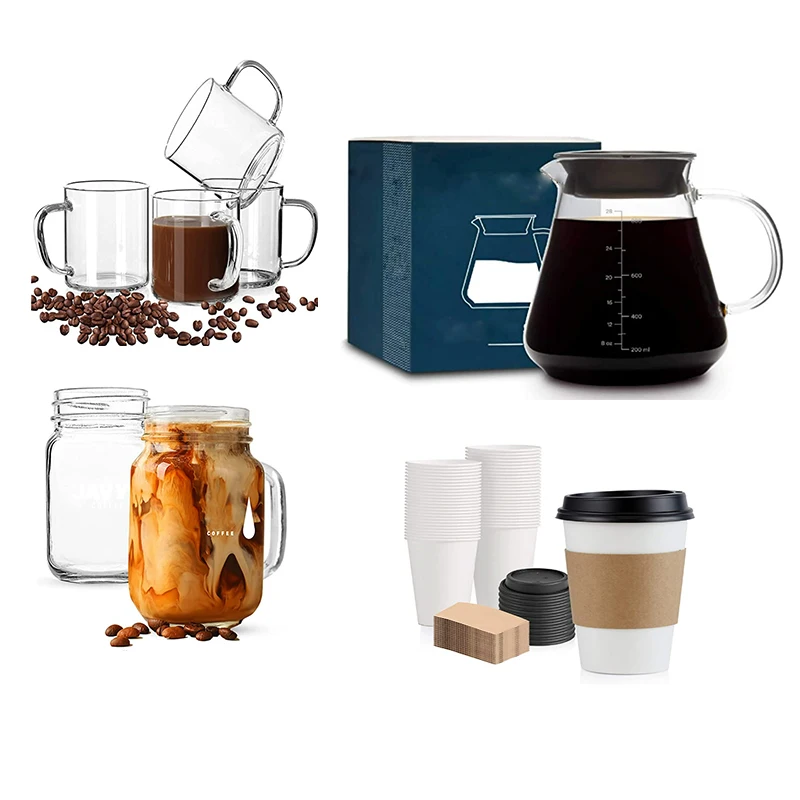 Cafe Kit Set of 4 large wide mouth coffee mug Coffee Cup Glass with Handle Coffee Pots Paper Cups Customized glass mug