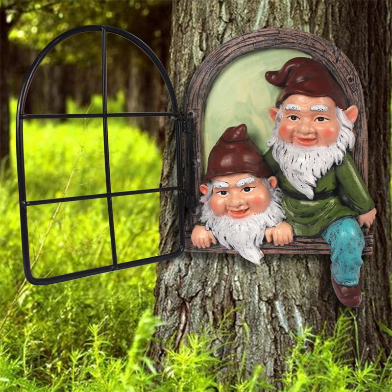 Elf Out The Door Tree Hugger Garden Gnome Statue, Garden Peeker Yard Art Gnome Decor