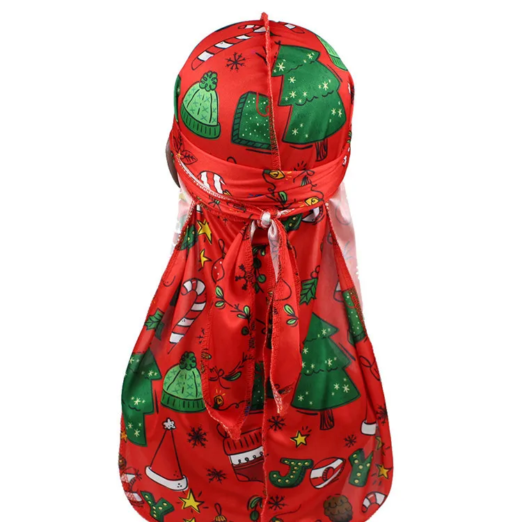High Quality Custom Printing Durags External Stitch Unisex Silky Soft Christmas Printed Durag Waves Extra Long Straps Doo Rag