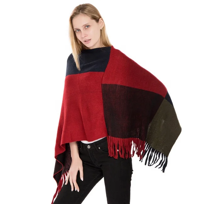 Fashion Plaid Knitted Poncho For Women Autumn Winter Imitation Cashmere Poncho Scarves And Shawls
