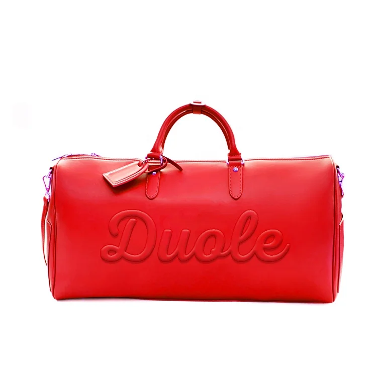 Custom Printed Logo Blue Large Vegan Leather Crossbody Duffle Bags Unisex Weekender Luggage Travel Bags