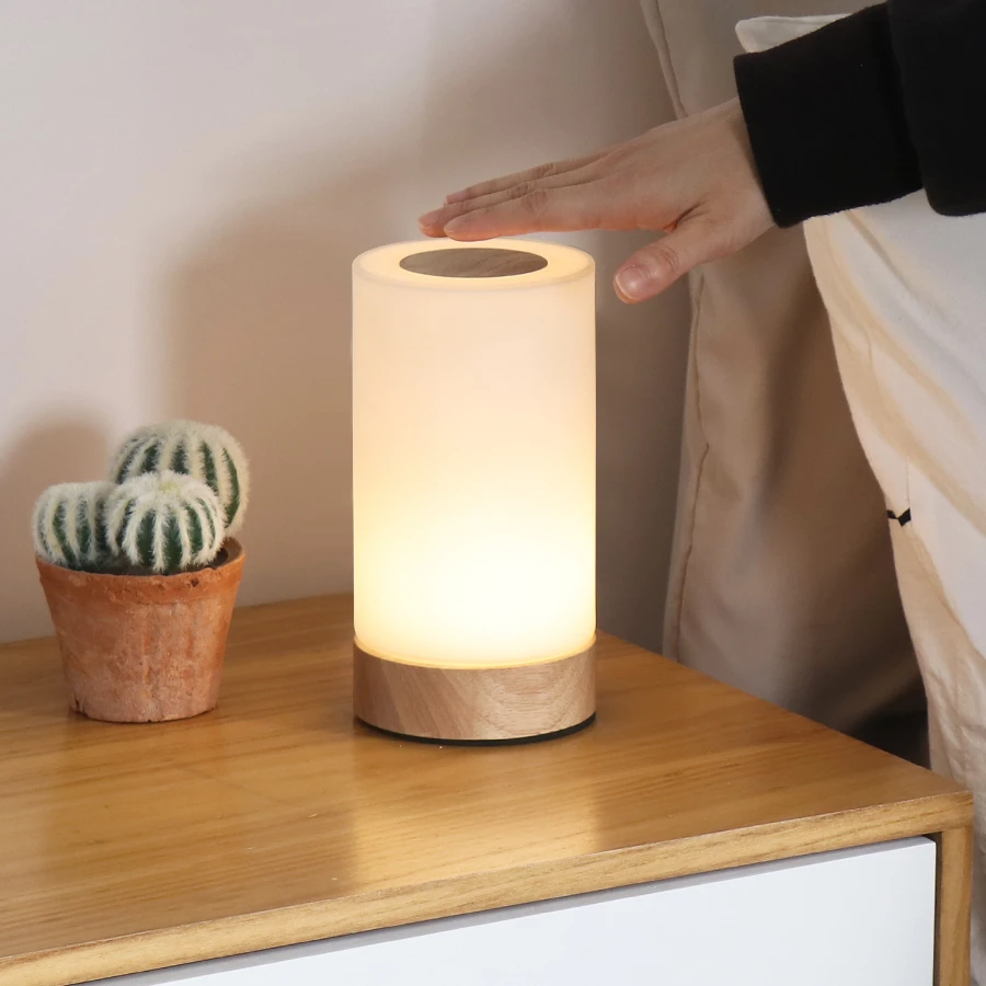 LED Wooden base rechargeable glass lampshade studying nordic simple energy saving smart home decor reading night table lamp