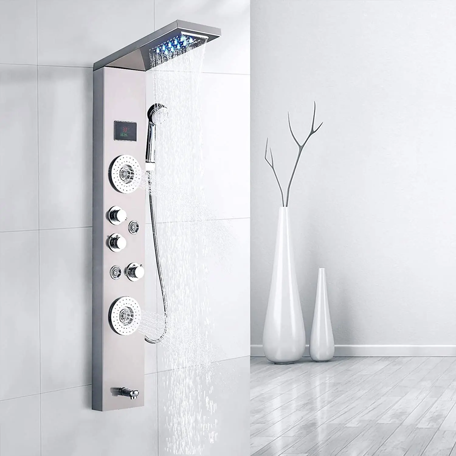 Bathroom Thermostatic Led Rainfall Stainless Steel Wall Mounted Waterfall Shower Panels
