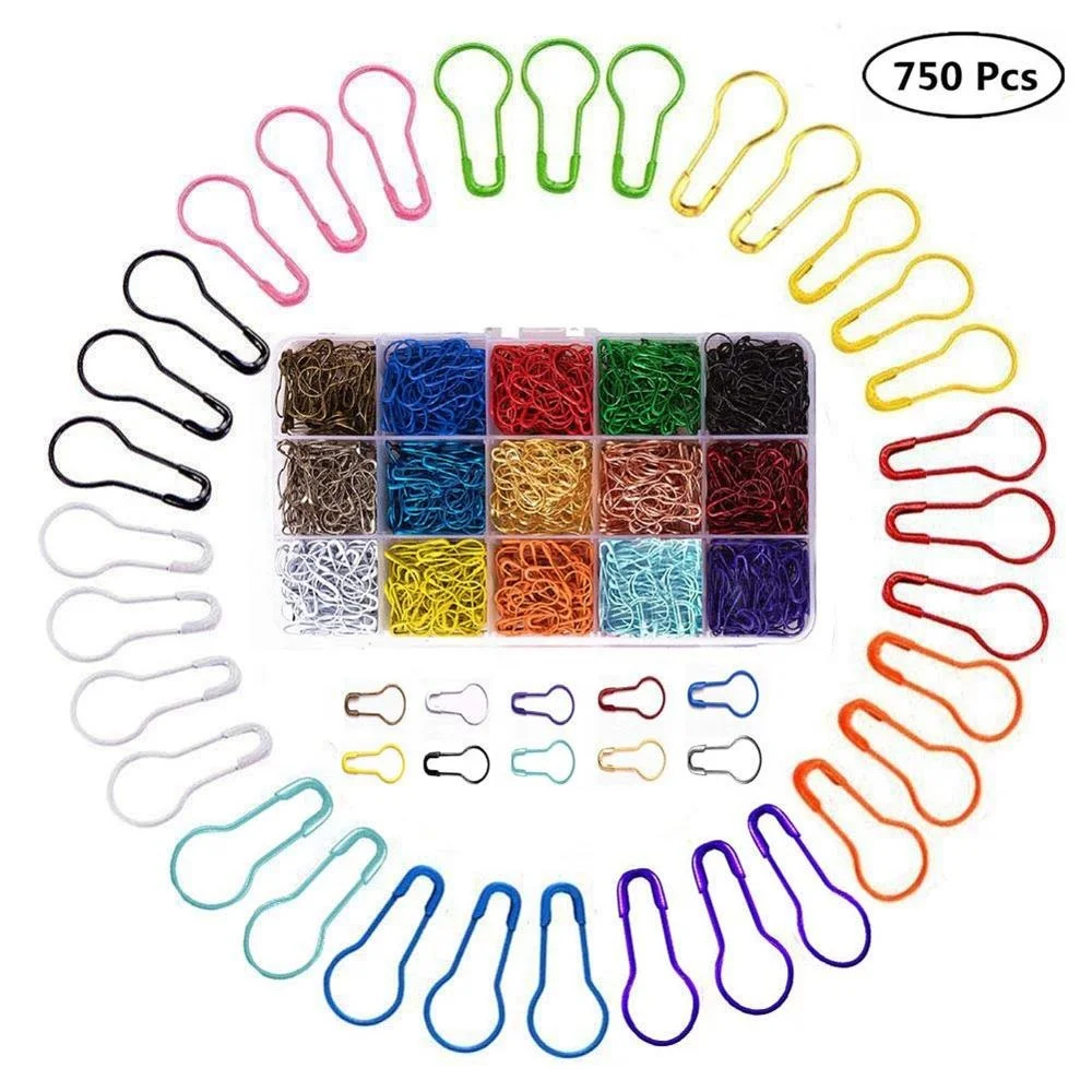 750 Pcs Colorful Iron Pear Safety Pins Knitting Needle Stitch Markers Safety Pin with Storage Box