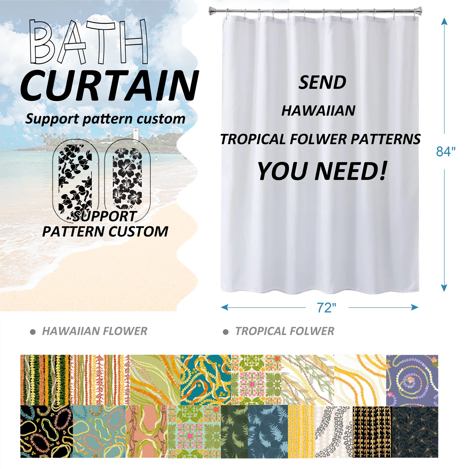 Manufacture of Puakenikeni Flowers Shower Curtain, Ready To Ship Bath Curtain With Hooks/