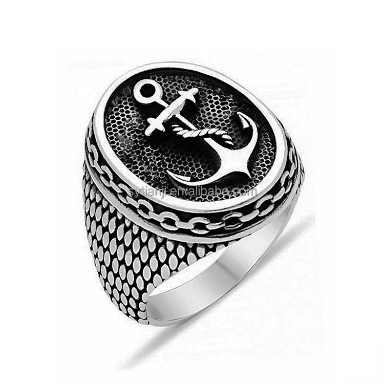 Man Stainless Vintage Steel Viking Ring Punk Titanium Polished Navy Anchor Ring