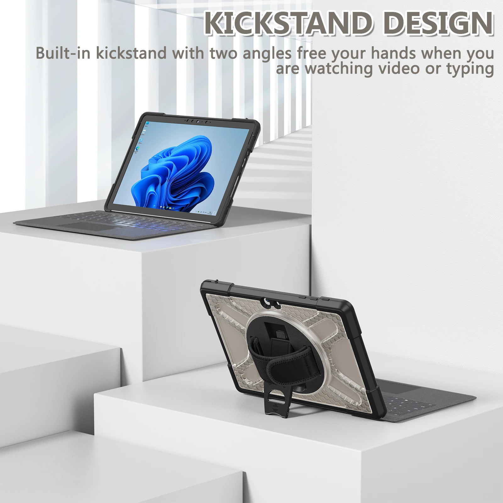 Rugged Case for Microsoft-Surface-Go-3/Go-2/Go with Rotatable Kickstand, Hand Strap Compatible with Type Cover Keyboard