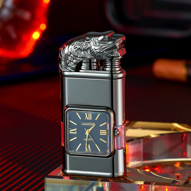 Custom Logo Dual Flame Gun Torch Lighter Creative USB Style Metal Watch with Transparent Gas Tank