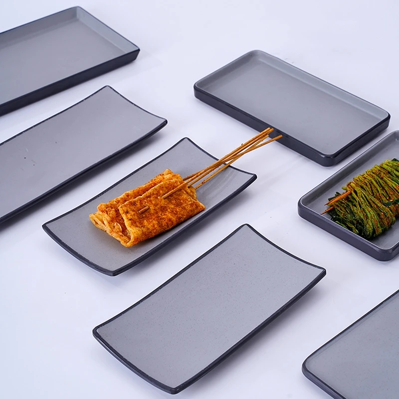 Custom Logo Rectangular Dinner Dishes Plates Barbecue Sushi Long Melamine Solid Black Grey Dinner Plates