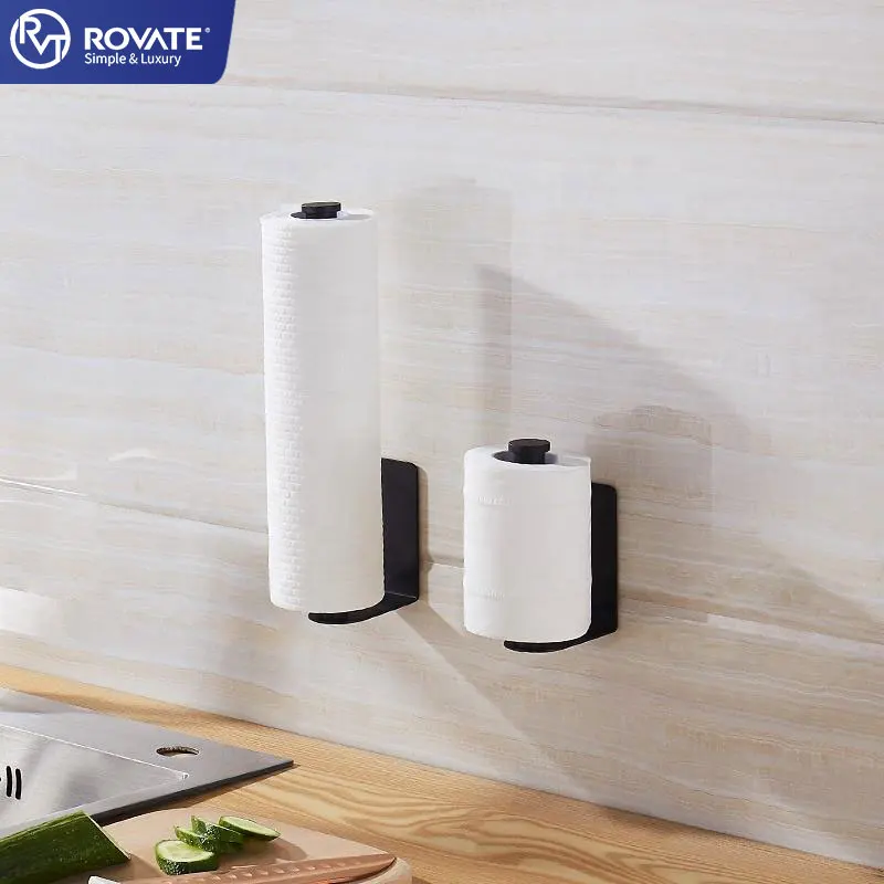 ROVATE Self Adhesive Black hanger household storage kitchen roll paper cling film roll 304 Stainless Steel Toilet Paper Towel