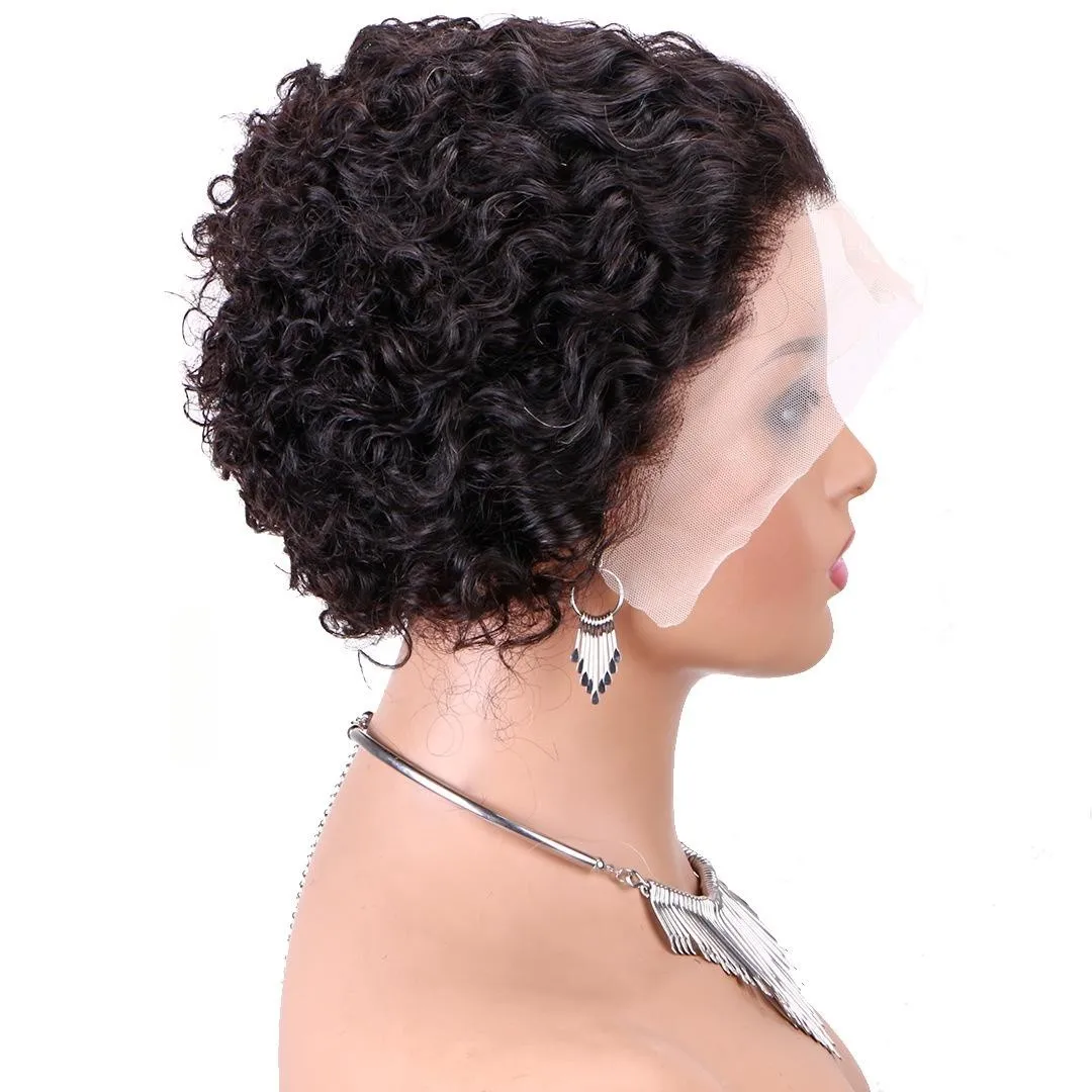 Hot Sale 1B# 100% Human Hair Hand Knitted 13*4 Inch Front Lace Short Pixie Curl Wigs For Black Women