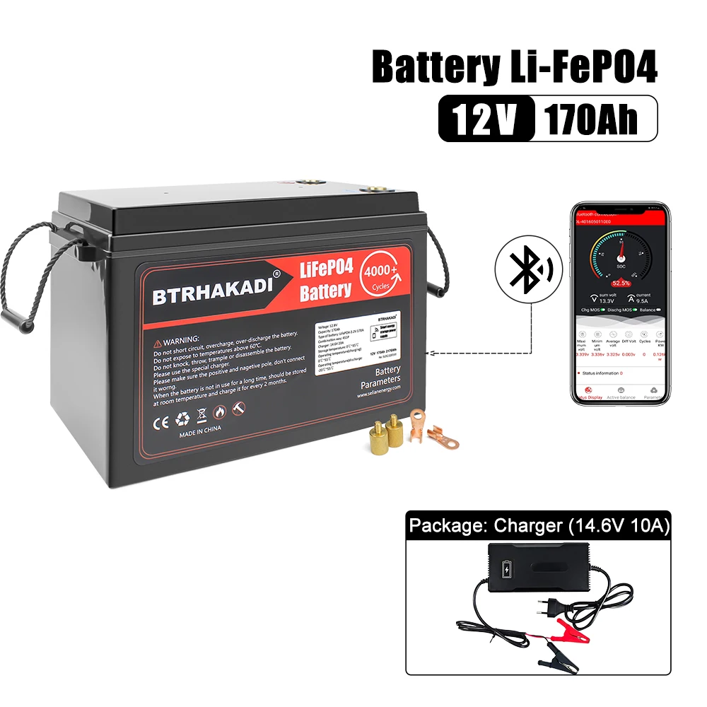 12V 170Ah Lifepo4 Rechargeable Battery Pack With Build-in smart BMS For Solar System, RV, Boat High Waterproof EU RU Stock