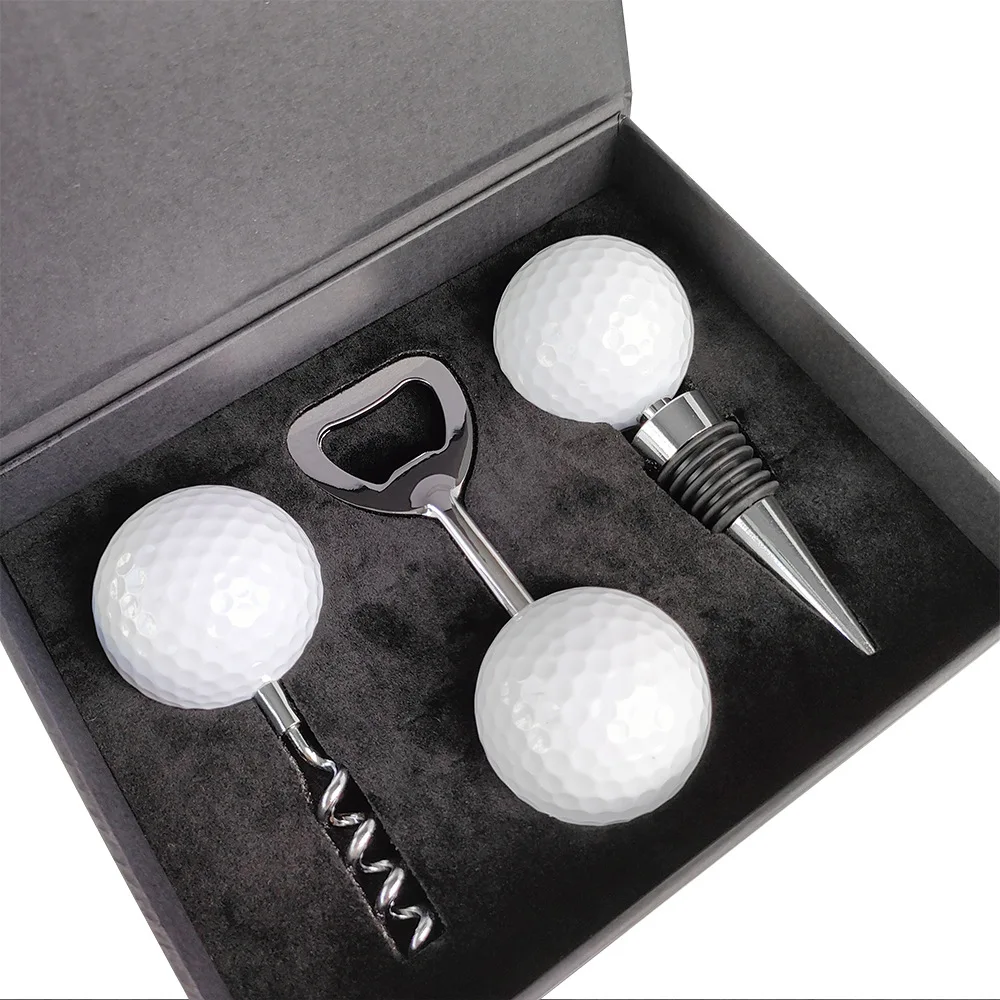 DT-golfset-S golf ball champagne bottle opener golf red wine stopper set customized logo and names golf advertisement gift set