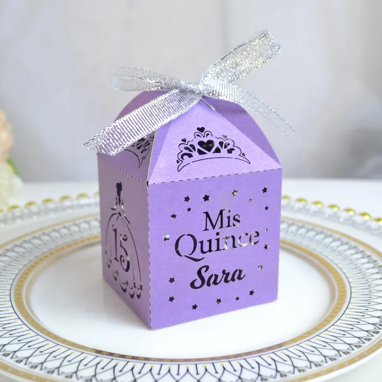 Custom name crown laser cut pink cinderella party favor boxes for sweet 15 decorations
