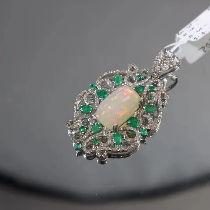 Opal Pendant Necklace Sterling Silver Real Opal Emerald Cut Diamond Necklace