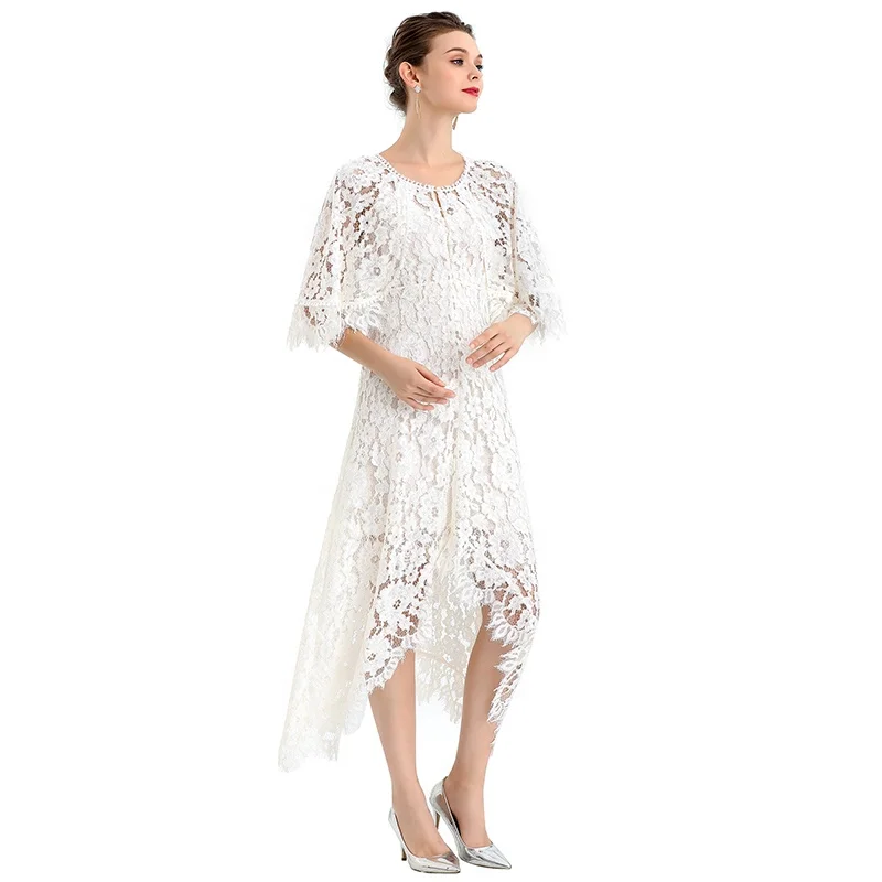 ND078-4 custom odm oem Peony lace cape sleeve flared asymmetric hem midi evening dress factory for women