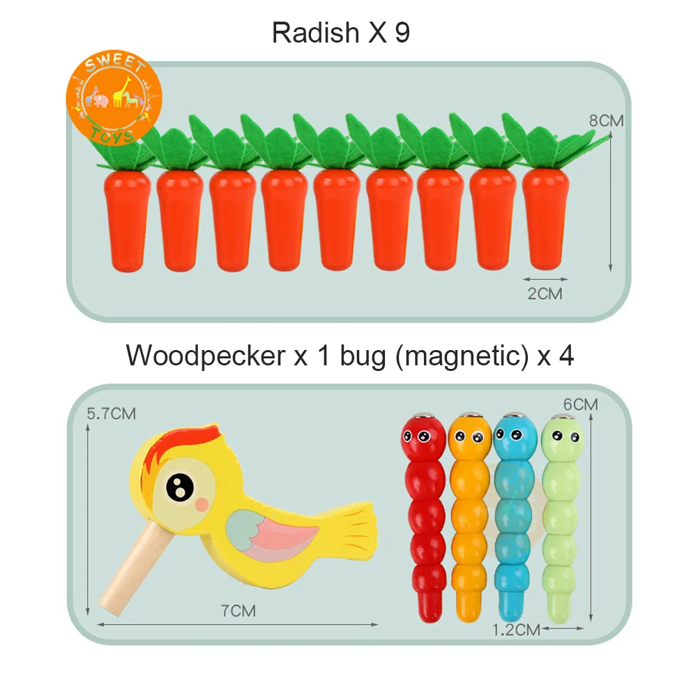 Multi-function Wooden Geometric Matching Game Gift 6 In 1 Pull Radish Catch Bug Hundred Treasure Box for Toddler
