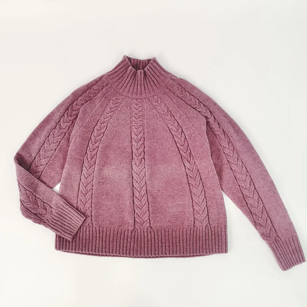 Custom Autumn Winter High Quality Turtle Wool Cotton Sweater Tops Cable Rib Knit Women 2021