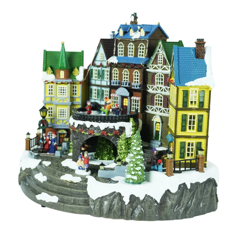Christmas decoration desktop ornament plastic village house music box led lantern snow globe for home decor gift