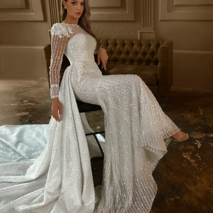 2024 Gorgeous White Mermaid Wedding Dress Lace Appliques Overskirt Long V-neck Wedding Dress with Detachable Train