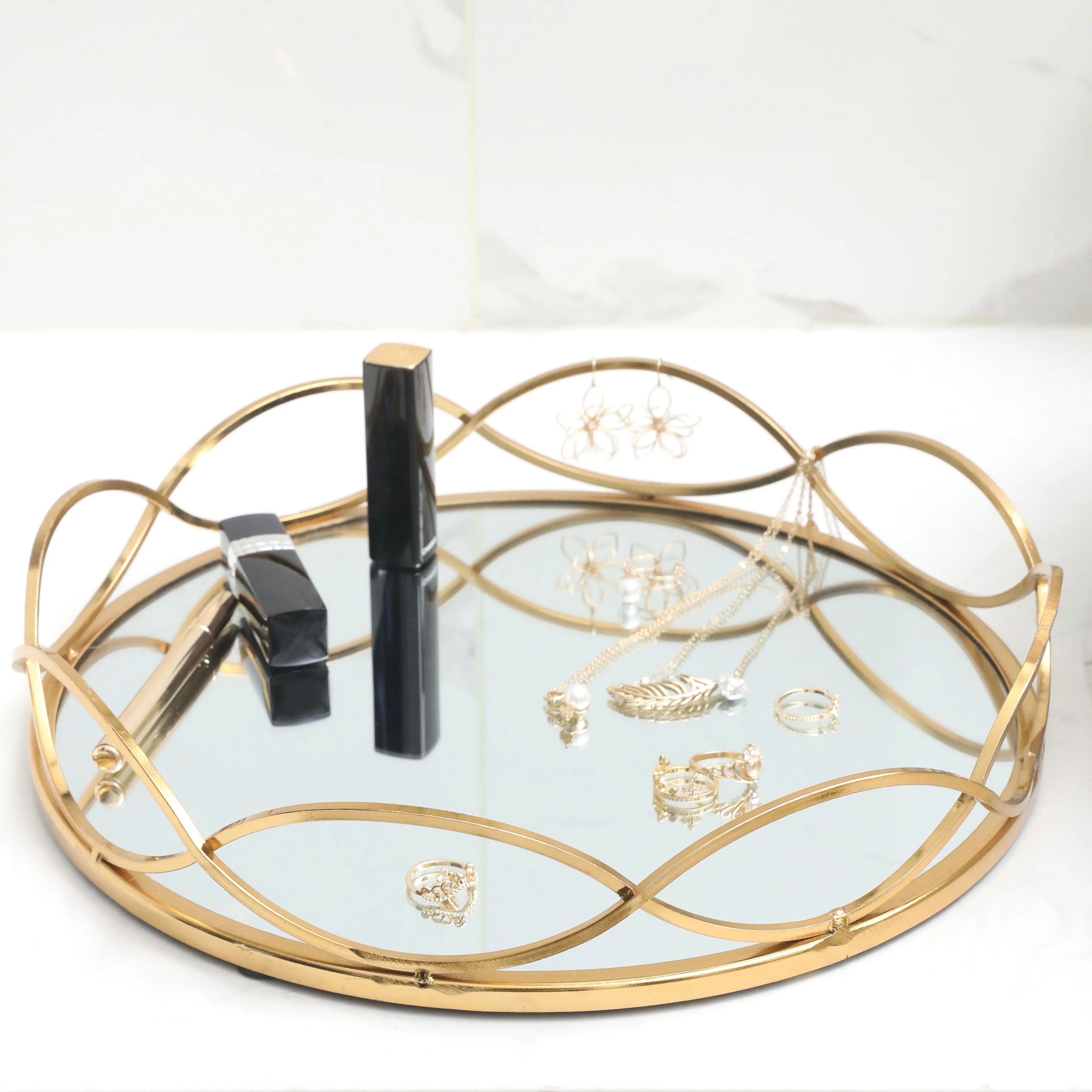 MAYCO Jewelry Organizer Makeup Dressers Vanity Perfume Metal Decorative Gold Glass Mirror Tray