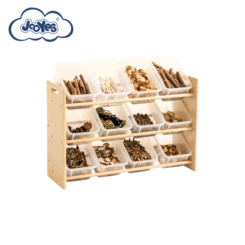 Hotselling preschool furniture 3 tier display rack - including 12 bins kindergarten wooden storage cabinets
