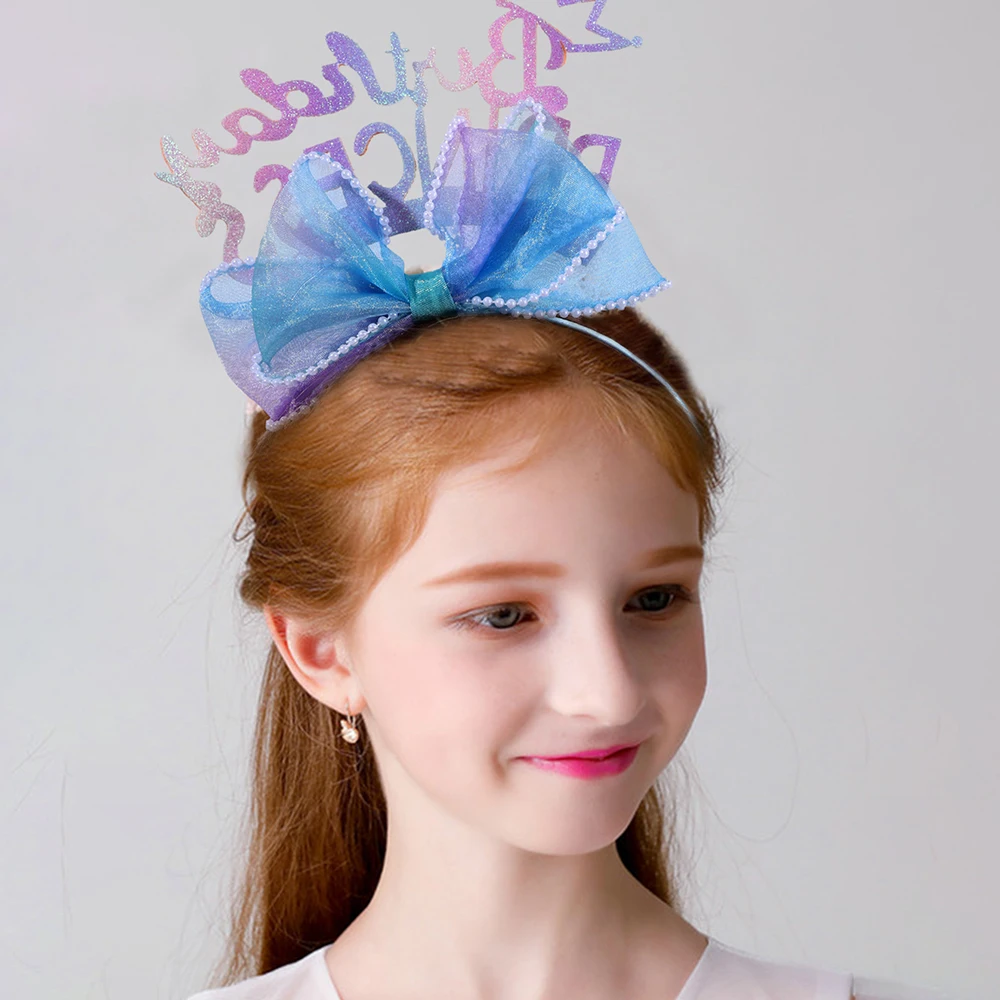 CN Happy Birthday Headband Glitter Letters Girls Organza Pearl Bowknot Birthday Hairband for Party Hair Accessories