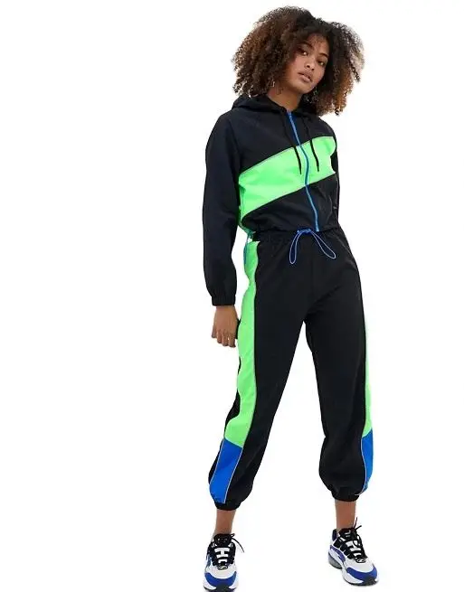High quality fashion wholesale women 100% polyamide sportswear colour block unisex jogger tracksuit custom logo jogger suits set