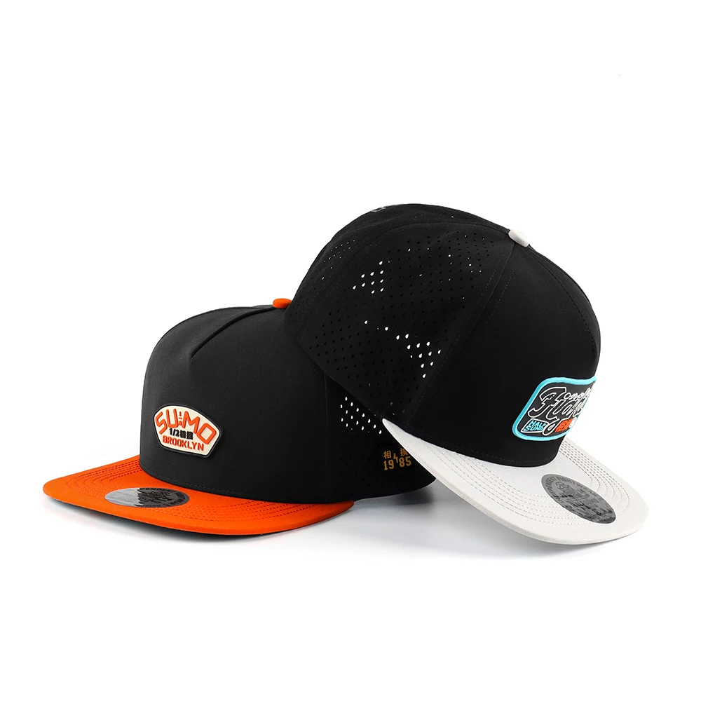 Wholesale Waterproof 5 Panel Mens Golf Premium Perforated Hydro Flat Bill Water proof Snapback Caps With PVC Rubber Logo