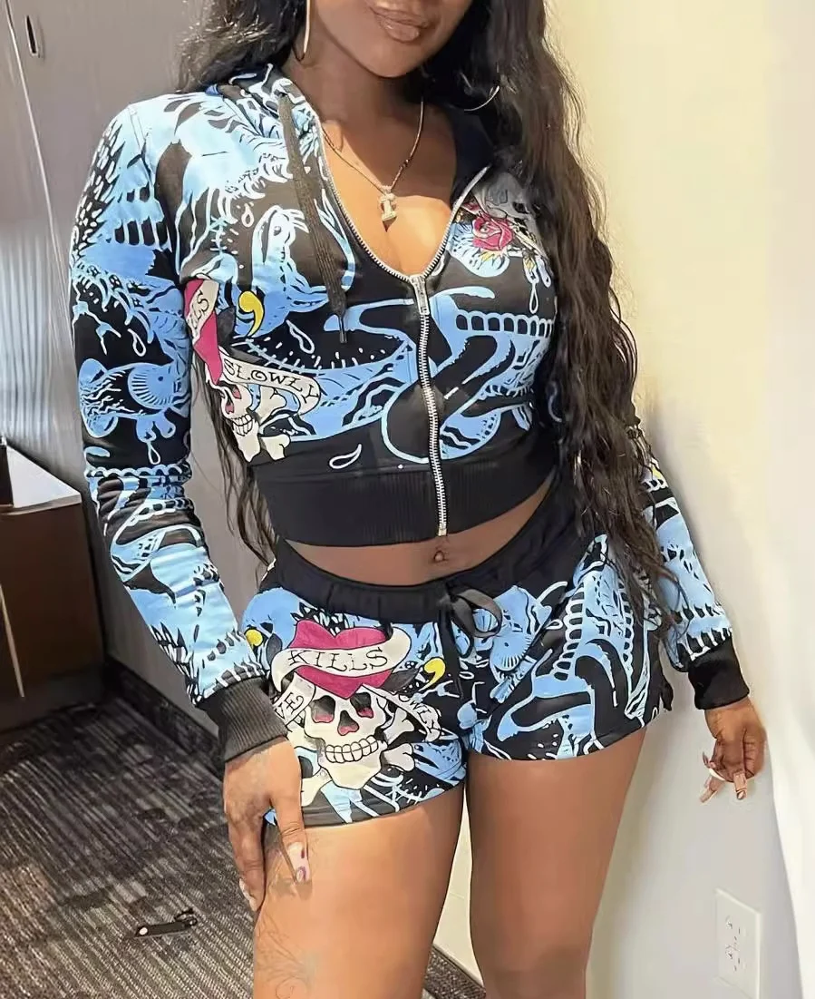 ED Jogger Short Set 2 Piece Cotton Sweat Suits Streetwear Tracksuit Zip Up Hoodie and Women Cotton Shorts Set