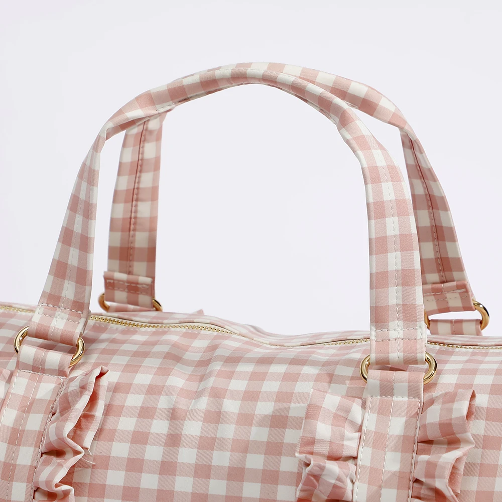 Stock Custom Glitter Patches Personalized Gingham Women Lady Ruffle Travel Toiletry Storage Makeup Cosmetic Bag