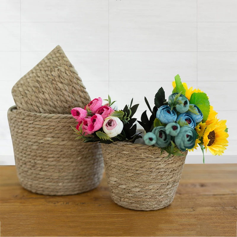 set of cattail rope rattan weaving Nordic style creative floral illustration planting flowers hydroponic straw basket