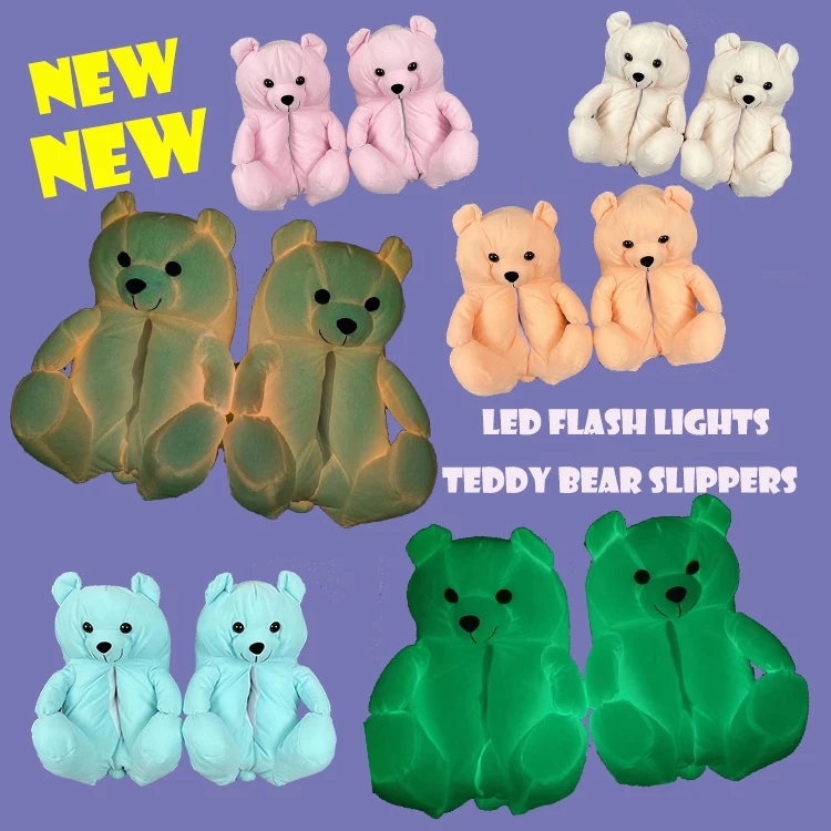 Wholesale New Design LED Flash Light Teddy Bear Slippers Women House Plush Fluffy Fur Slides lovely winter gift for girls
