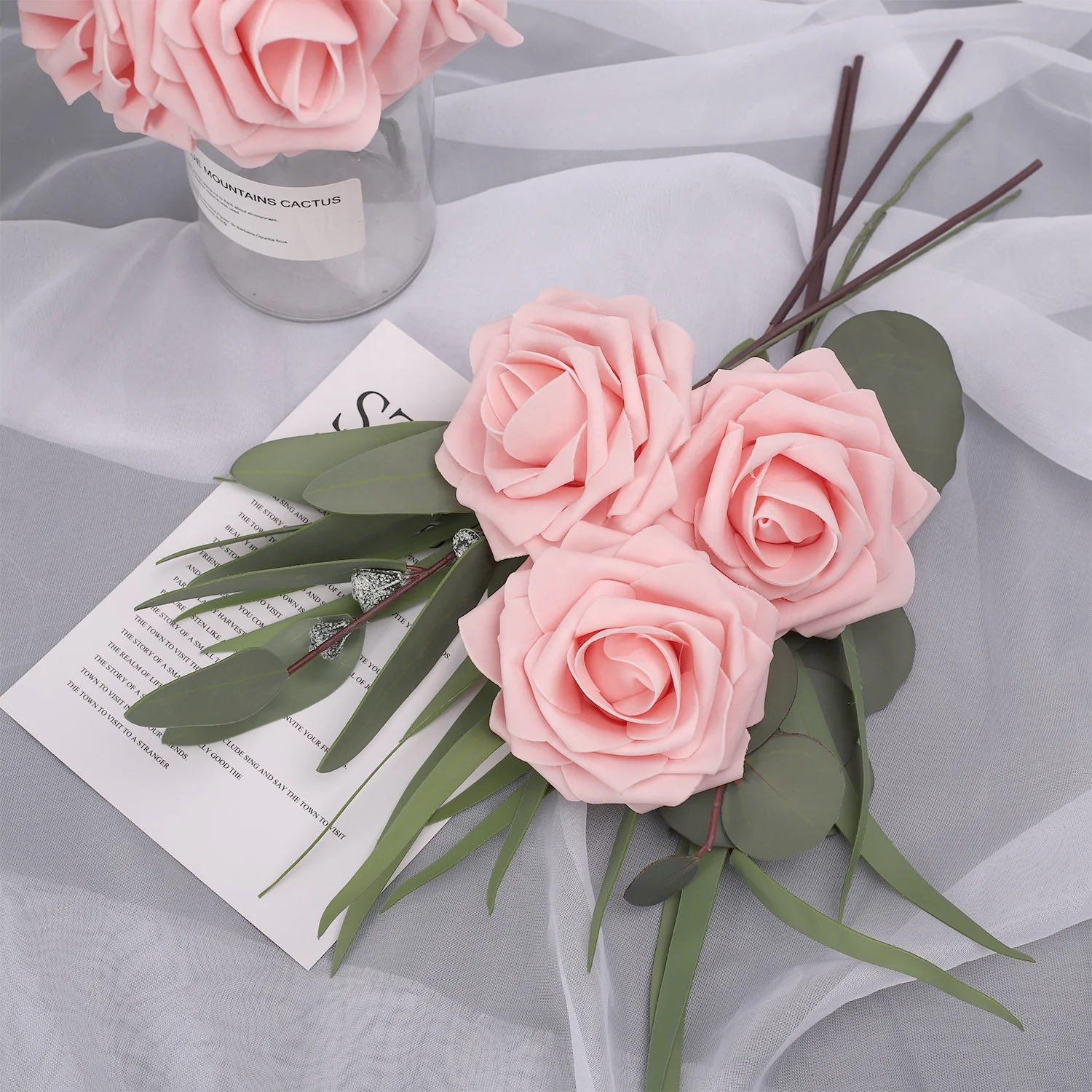 MACTING 25pcs 3.74inch DIY Large Artificial Foam Pink Roses Plastic Eternal Flower Preserved Flowers & Plants 23 Cm/9 Inch