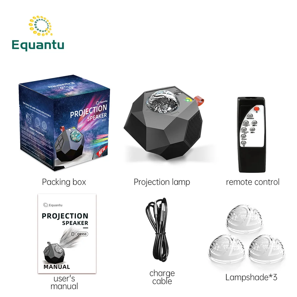 Equantu проэктор звездного неба QB959 светодиодный работы при прослушивании музыки по Bluetooth с рисунком в виде водной ряби и Аврора Galaxy проектор