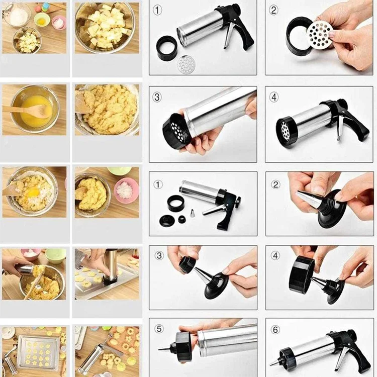 Stainless Steel Biscuit Press Cookie Gun Set 20 Cookie discs 4 nozzles DIY Biscuit Maker Churro Maker Cookie Press Gun Kit
