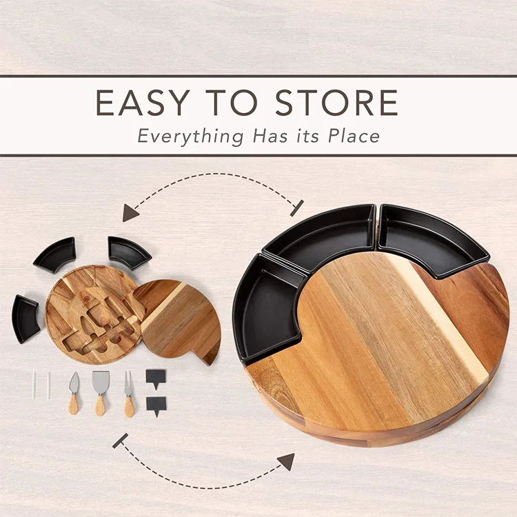 Новый дизайн, Вращающаяся круглая сервировочная тарелка из дерева акации, доска для сыра с 2 ножом, Мраморная тарелка, 3 керамических чаши