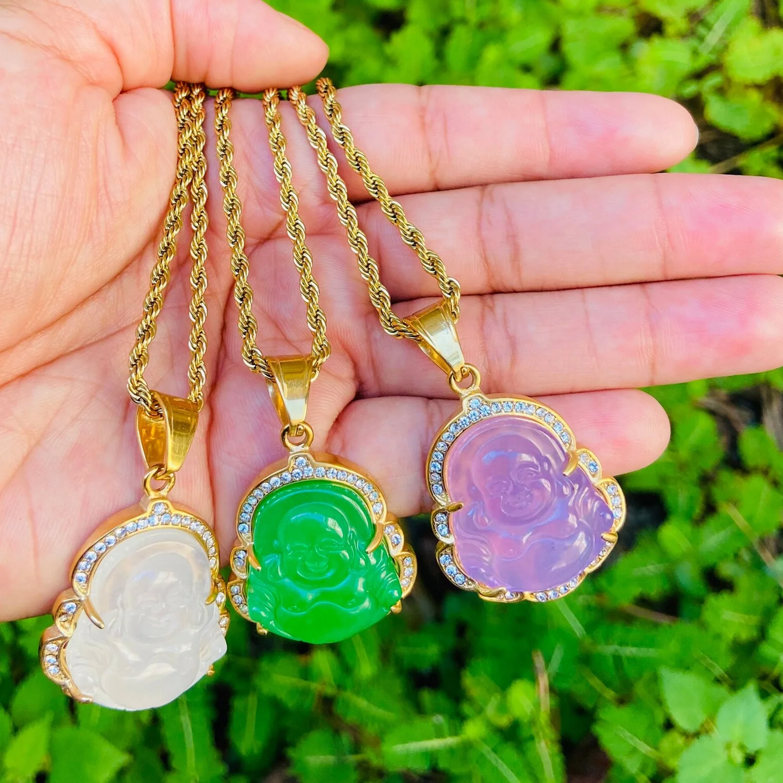 VAF Wholesale Green Gold Jade Buddha Mini Small Pink Orange Lavender Collier Budda Bhudda Buddah Stone Pendant Necklace