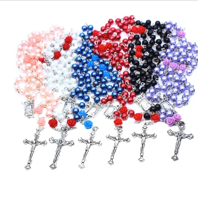 6mm Cross Rosary Necklace Imitation Pearl Rose Flower Virgin Mary Pendant Rosary Cross Necklace Catholic Religious Jewelry