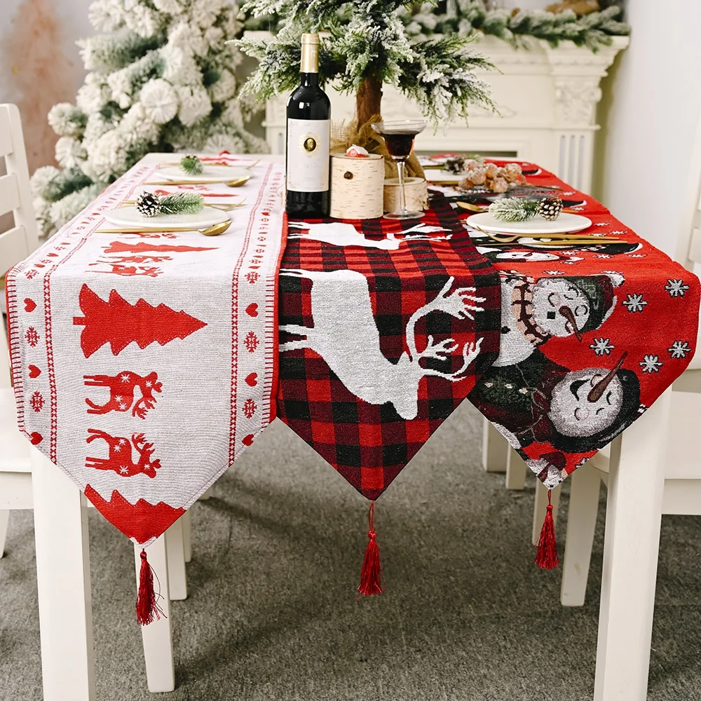 Christmas ornaments decor Jacquard snowman pattern table runner with red tassel edge