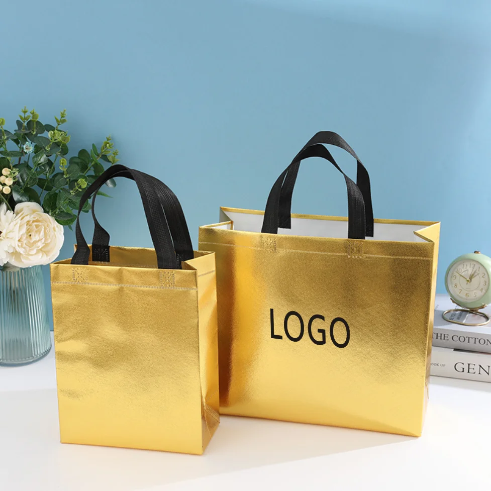 Custom Printed LOGO Gold Shinny Glossy Metallic Laser Film Laminated Non Woven Shopping Waterproof shopping Packaging  Bag