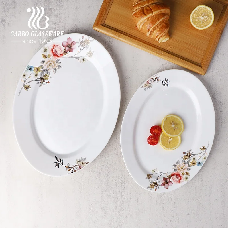 Opal glass 12inch 14inch oval shape glass plate oven microwave safe flower decal opal glassware fish plate for home restaurant