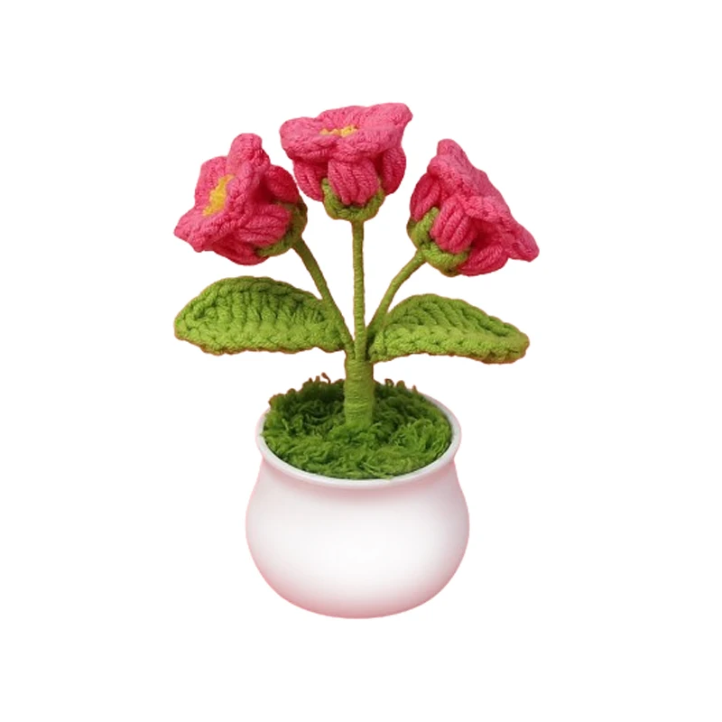 Crocheted 3 Heads Lily of the Valley Bonsai Handmade Crochet Fuchsia Fake Flower for Desktop Decoration Holiday Birthday Gift