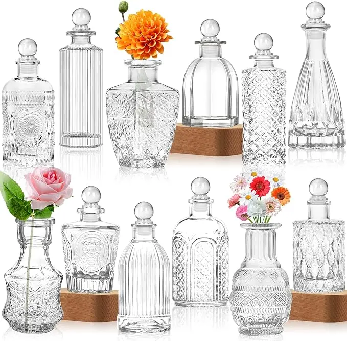 Glass bud flower vase embossed transparent vase vintage glass bottle suitable for table decoration wedding tables and gifts