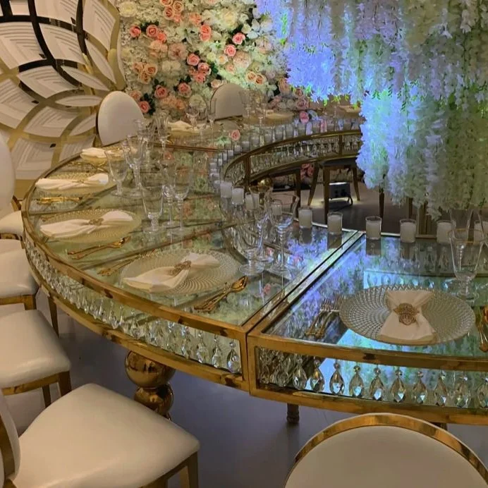 Foshan furniture golden stainless steel leg glass top wedding table